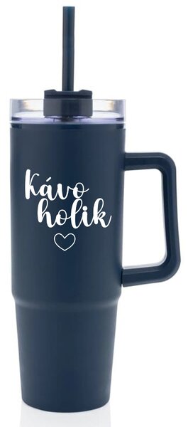 KÁVOHOLIK - modrý cestovní termohrnek s průhledným víčkem 900 ml