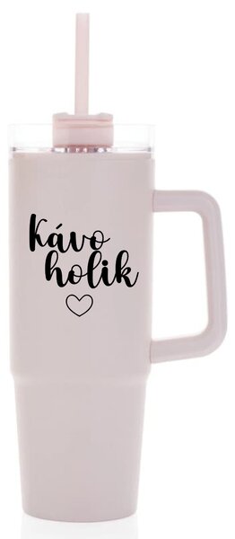 KÁVOHOLIK - růžový cestovní termohrnek s průhledným víčkem 900 ml