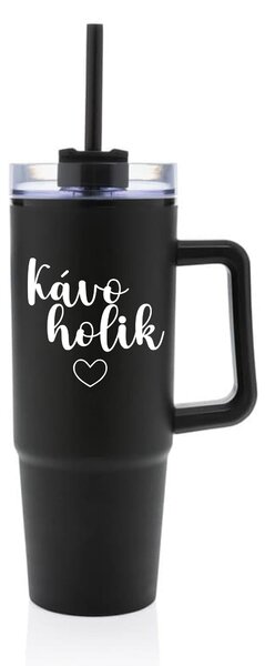 KÁVOHOLIK - černý cestovní termohrnek s průhledným víčkem 900 ml