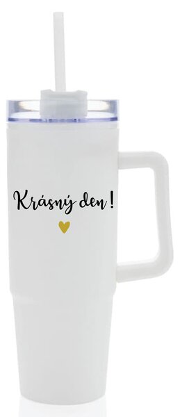 KRÁSNÝ DEN - bílý cestovní termohrnek s průhledným víčkem 900 ml