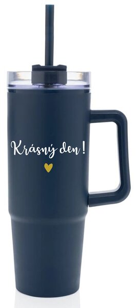 KRÁSNÝ DEN - modrý cestovní termohrnek s průhledným víčkem 900 ml