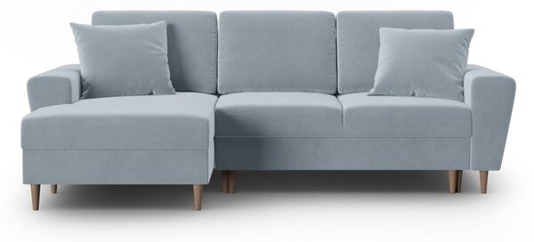 Světle modrá sametová rozkládací/s úložným prostorem rohová pohovka (levý roh/s lenoškou) Kyoto – Cosmopolitan Design