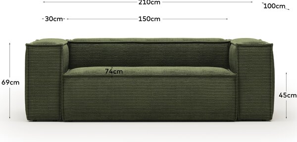 Kave Home Zelená manšestrová pohovka Blok 210 cm