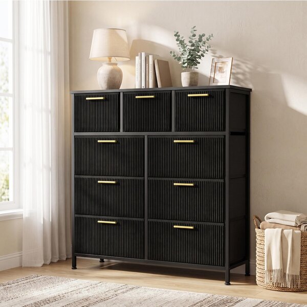 SONGMICS Komoda s 9 zásuvkami, rozměry 98,7 x 30 x 96,2 cm, barva: tmavě černá
