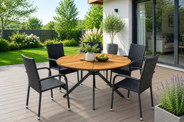House 5 Zahradní set - zahradní stůl TULUM natural + 5 ks ratanová židle MARGARITA černá