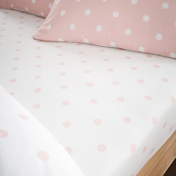 Bílé/růžové napínací flanelové prostěradlo 135x190 cm Polka Dot – Catherine Lansfield