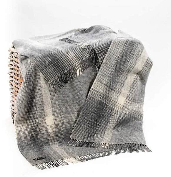 Deka Merino vlna / kašmír Grey Silver Border Check 180 x 136 cm John Hanly