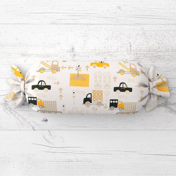 Biante Dětský polštář válec bonbon Sandra SA-672 Žlutá a šedohnědá auta ve městě na bílém 15x40 cm