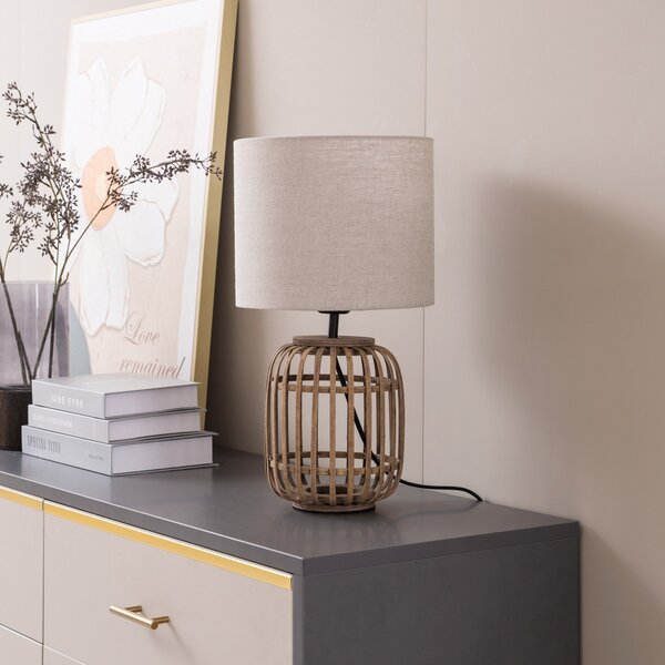 Stolní lampa Lindby, Marzanna, Dřevo, Obývací pokoj, Tkanina / Textil, Boho