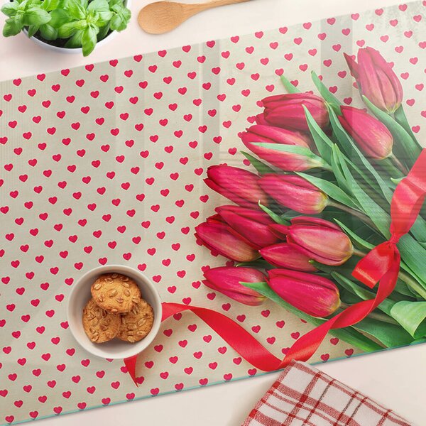 Skleněné krájecí prkénko Tulipány se srdíčky a stuhou ddk-nr-wm-00006215
