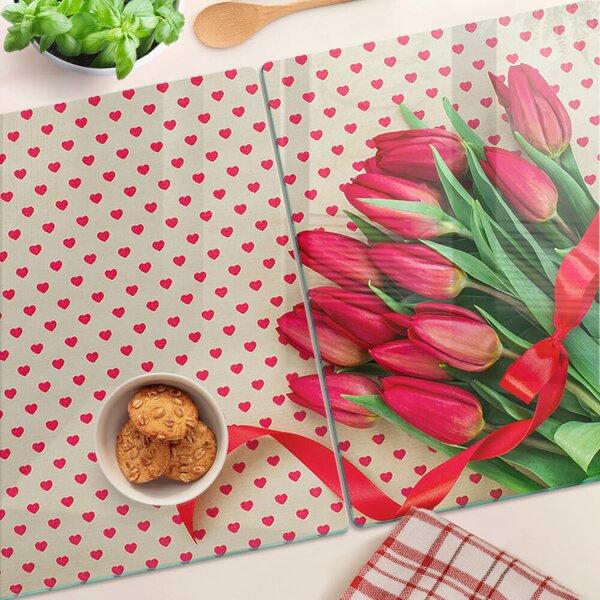 Skleněné krájecí prkénko Tulipány se srdíčky a stuhou ddk-nr-wm-00006215