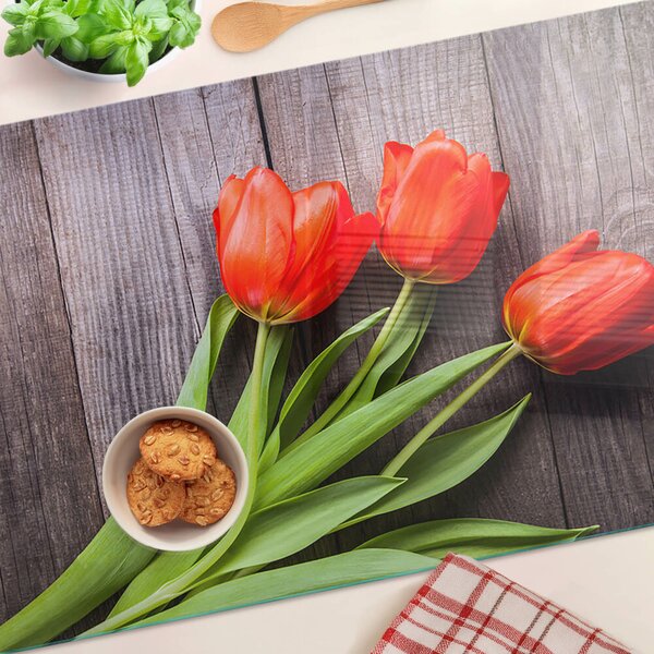Skleněná deska do kuchyně Tulipány na dřevěném pozadí ddk-nr-wm-00006266