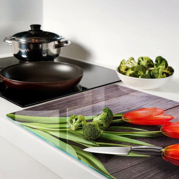 Skleněná deska do kuchyně Tulipány na dřevěném pozadí ddk-nr-wm-00006266