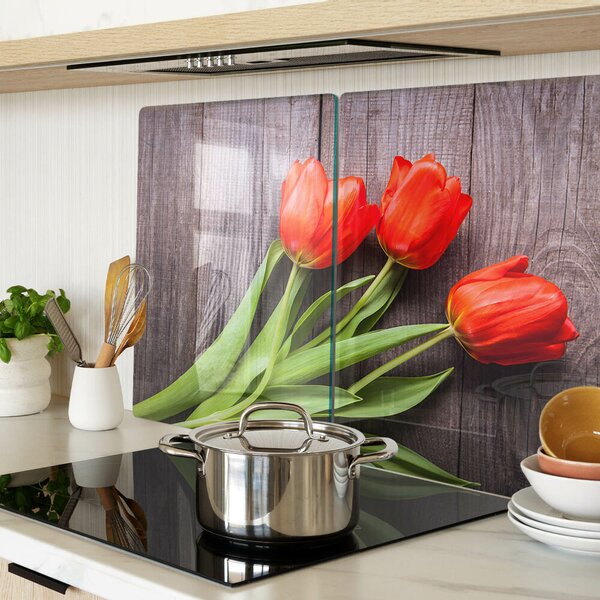 Skleněná deska do kuchyně Tulipány na dřevěném pozadí ddk-nr-wm-00006266