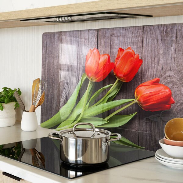 Skleněná deska do kuchyně Tulipány na dřevěném pozadí ddk-nr-wm-00006266