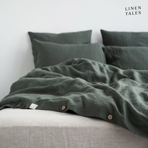 Tmavě zelené lněné prodloužené povlečení na jednolůžko 165x220 cm – Linen Tales