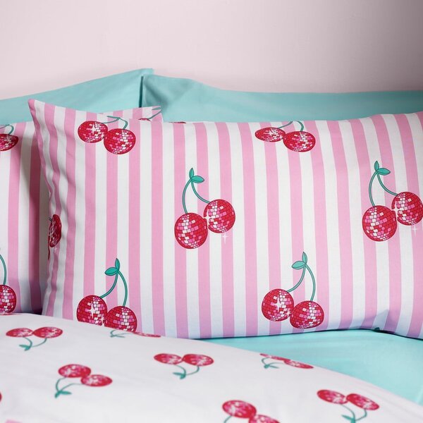 Bílé/růžové povlečení na dvoulůžko 200x200 cm Disco Cherries Stripes – Catherine Lansfield