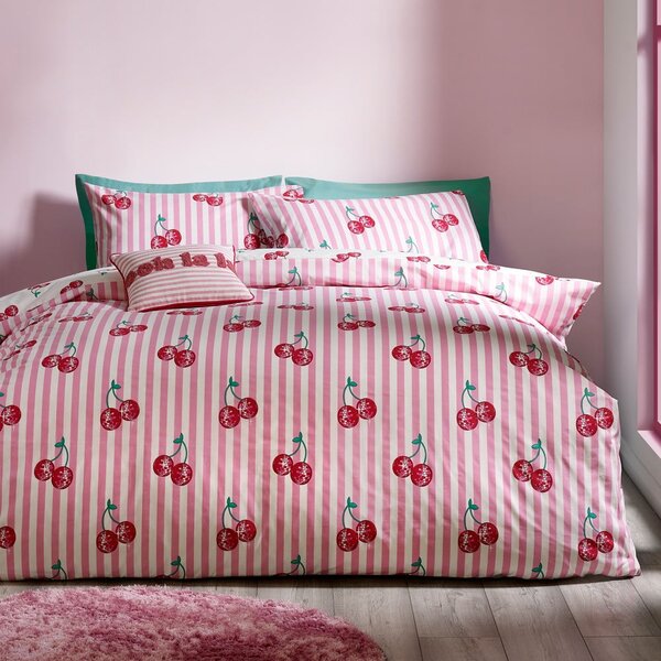 Bílé/růžové povlečení na dvoulůžko 200x200 cm Disco Cherries Stripes – Catherine Lansfield