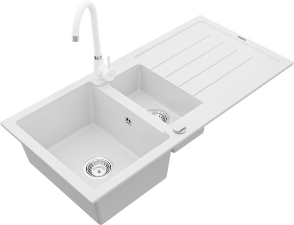 Mexen Andres 1,5-komorový granitový kuchyňský dřez s odkapávačem 100x50 cm a kuchyňská baterie Telma, bílá, 6515-20-670200-20