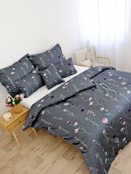 MK Lůžkoviny Saténové povlečení - Vlčí máky tmavě šedé 140 × 200 cm, 70 x 90 cm