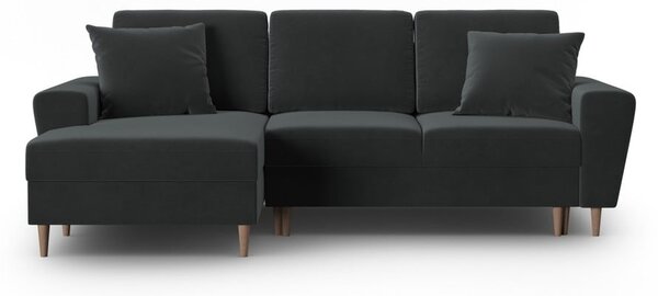 Tmavě šedá sametová rozkládací/s úložným prostorem rohová pohovka (levý roh/s lenoškou) Kyoto – Cosmopolitan Design