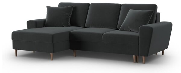 Tmavě šedá sametová rozkládací/s úložným prostorem rohová pohovka (levý roh/s lenoškou) Kyoto – Cosmopolitan Design