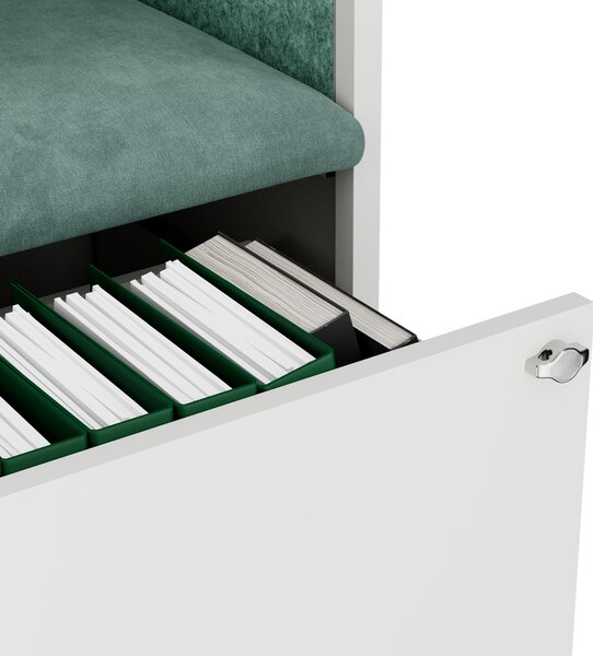 Skříň se sedákem a zónou ticha SALLY MentalBox, bílá konstrukce, zelený sedák, 1850 x 600 x 400 mm