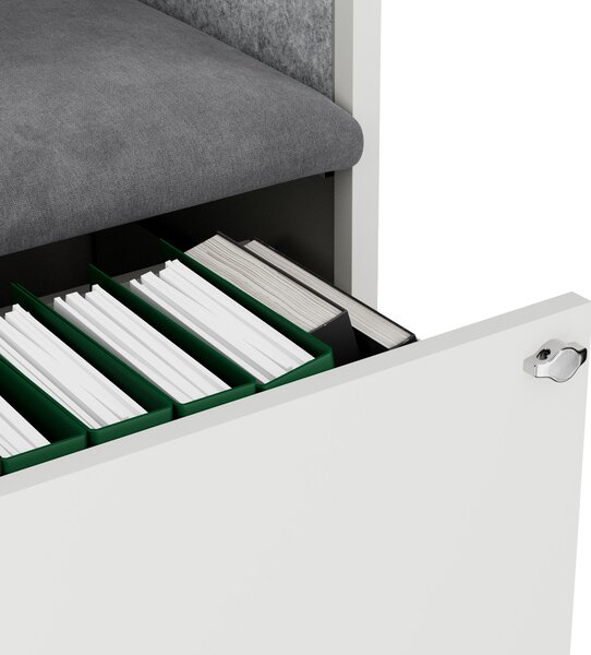 Skříň se sedákem a zónou ticha SALLY MentalBox, bílá konstrukce, šedý sedák, 1850 x 600 x 400 mm