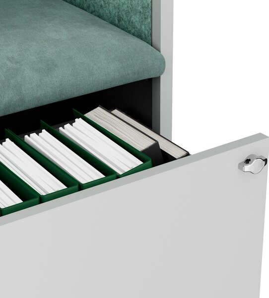 Skříň se sedákem a zónou ticha SALLY MentalBox, šedá konstrukce, zelený sedák, 1850 x 600 x 400 mm