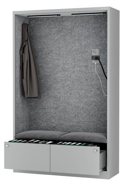 Skříň se sedákem a zónou ticha SALLY MentalBox, šedá konstrukce, šedý sedák, 1850 x 1150 x 400 mm