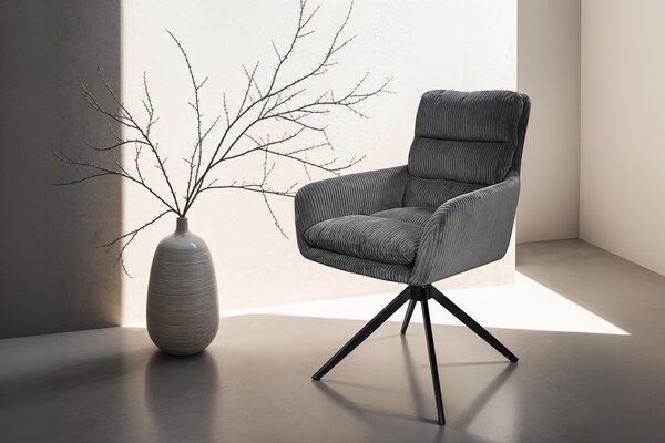 ByLIVING Jídelní židle set 2 PURA / Hrubá šňůra tmavě šedá / Rám kov černý matný / Sedák otočný o 360° / Š 58, V 74, H 60 cm