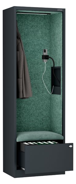 Skříň se sedákem a zónou ticha SALLY MentalBox, antracitová konstrukce, zelený sedák, 1850 x 600 x 400 mm