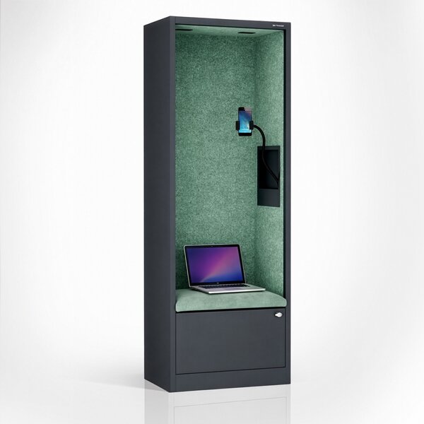 Skříň se sedákem a zónou ticha SALLY MentalBox, antracitová konstrukce, zelený sedák, 1850 x 600 x 400 mm