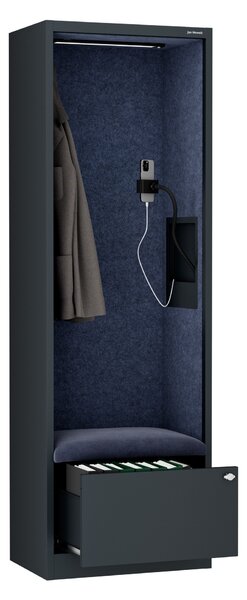 Skříň se sedákem a zónou ticha SALLY MentalBox, antracitová konstrukce, tmavěmodrý sedák, 1850 x 600 x 400 mm