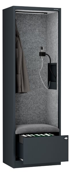 Skříň se sedákem a zónou ticha SALLY MentalBox, antracitová konstrukce, šedý sedák, 1850 x 600 x 400 mm
