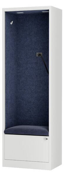 Skříň se sedákem a zónou ticha SALLY MentalBox, bílá konstrukce, tmavěmodrý sedák, 1850 x 600 x 400 mm