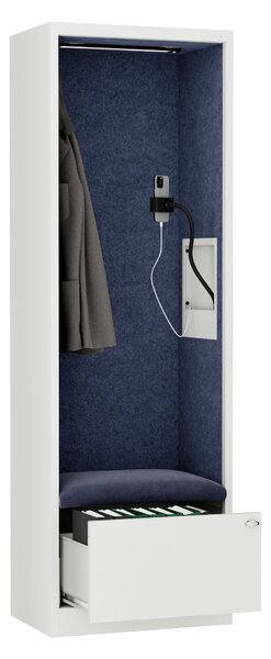 Skříň se sedákem a zónou ticha SALLY MentalBox, bílá konstrukce, tmavěmodrý sedák, 1850 x 600 x 400 mm