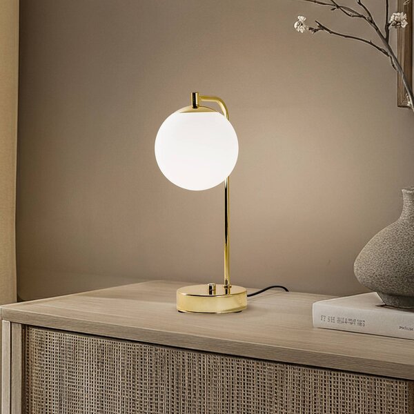Domiluce Stolní lampa Rico, sklo/kov, zlatá/bílá, výška 36 cm, Mosaz / zlato, Obývací pokoj / jídelna, kov, Moderní, stojací lampa