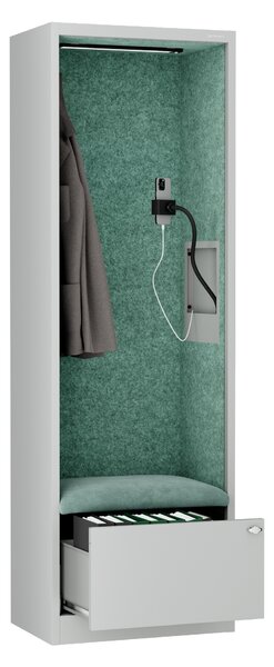 Skříň se sedákem a zónou ticha SALLY MentalBox, šedá konstrukce, zelený sedák, 1850 x 600 x 400 mm