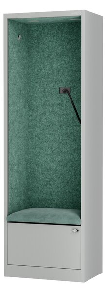Skříň se sedákem a zónou ticha SALLY MentalBox, šedá konstrukce, zelený sedák, 1850 x 600 x 400 mm