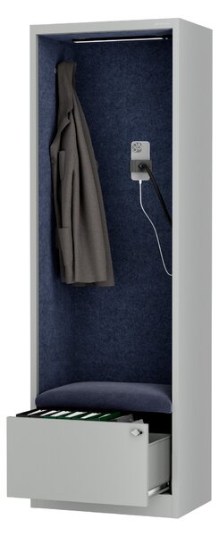 Skříň se sedákem a zónou ticha SALLY MentalBox, šedá konstrukce, tmavěmodrý sedák, 1850 x 600 x 400 mm