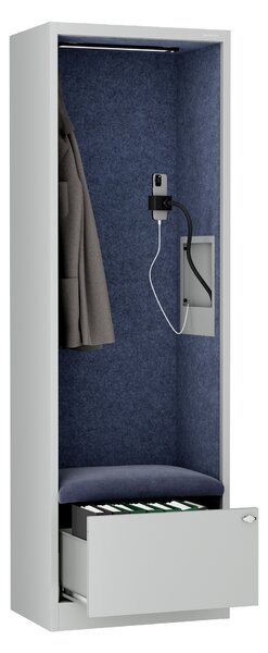 Skříň se sedákem a zónou ticha SALLY MentalBox, šedá konstrukce, tmavěmodrý sedák, 1850 x 600 x 400 mm