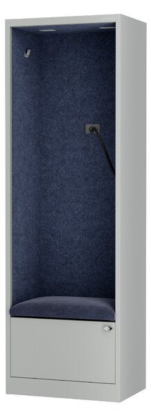 Skříň se sedákem a zónou ticha SALLY MentalBox, šedá konstrukce, tmavěmodrý sedák, 1850 x 600 x 400 mm