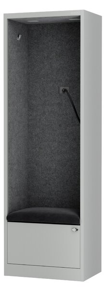 Skříň se sedákem a zónou ticha SALLY MentalBox, šedá konstrukce, tmavě šedý sedák, 1850 x 600 x 400 mm