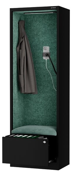 Skříň se sedákem a zónou ticha SALLY MentalBox, černá konstrukce, zelený sedák, 1850 x 600 x 400 mm