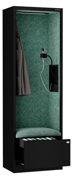 Skříň se sedákem a zónou ticha SALLY MentalBox, černá konstrukce, zelený sedák, 1850 x 600 x 400 mm