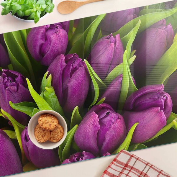 Krájecí prkénko skleněné Fialové tulipány se zelenými listy ddk-nr-wm-00006539