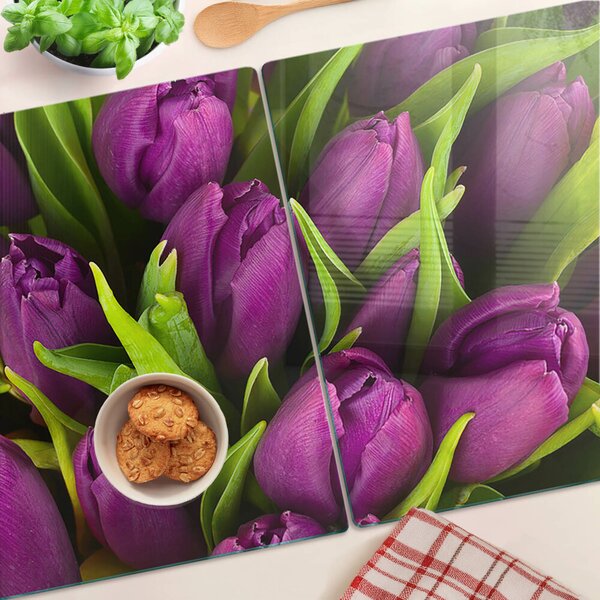Krájecí prkénko skleněné Fialové tulipány se zelenými listy ddk-nr-wm-00006539