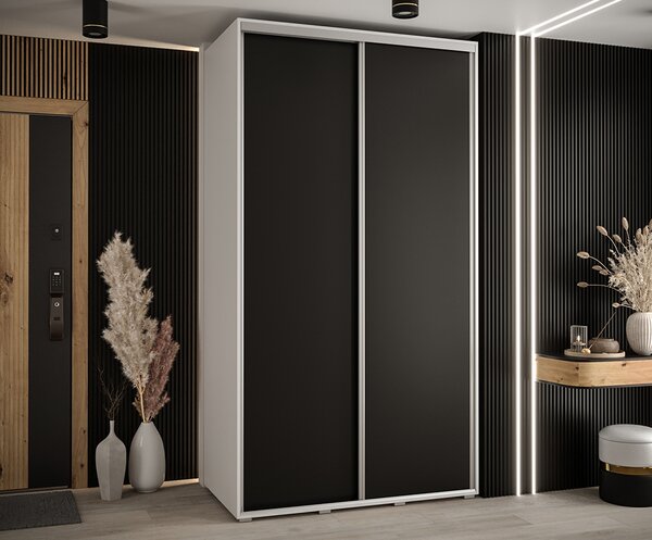 Šatní skříň s posuvnými dveřmi DAVOS 140cm | Bílá / černá / stříbrné pojezdy