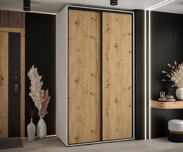 Šatní skříň s posuvnými dveřmi DAVOS 140cm | Bílá / DUB Artisan / černé